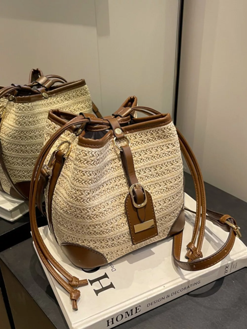 Woven Straw Bucket Crossbody Bag, image 10