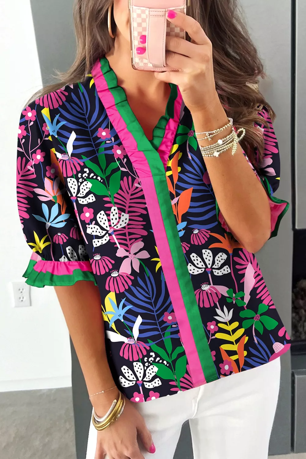 Floral Print Frilled Contrast Striped Trim V Neck Short Sleeve Blouse