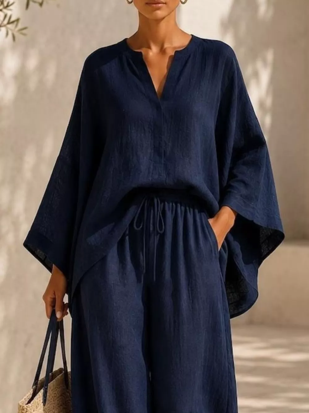 Full Size Notched Long Sleeve Top and Wide-Leg Pants Set Plus Size, image 8