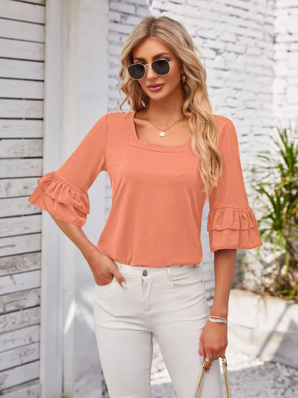 Ruffled Suqare Neck Half Sleeve Blouse, image 4