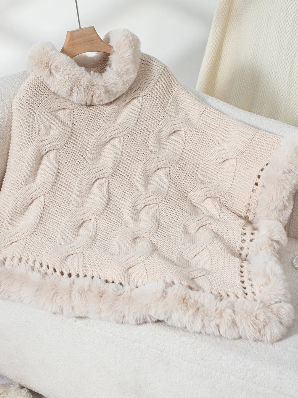 Fuzzy Hem Cable-Knit Poncho, image 13