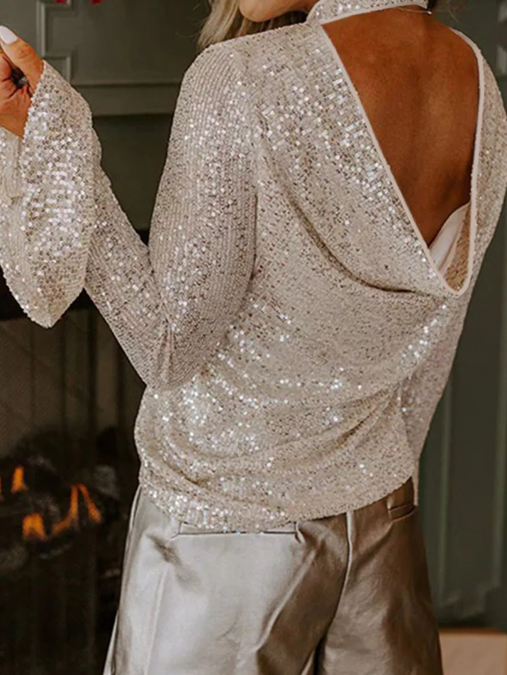 Sequin Mock Neck Bell Sleeve Top, image 2