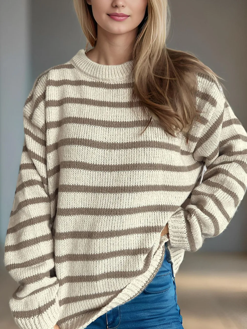 Striped Round Neck Long Sleeve Sweater, image 9