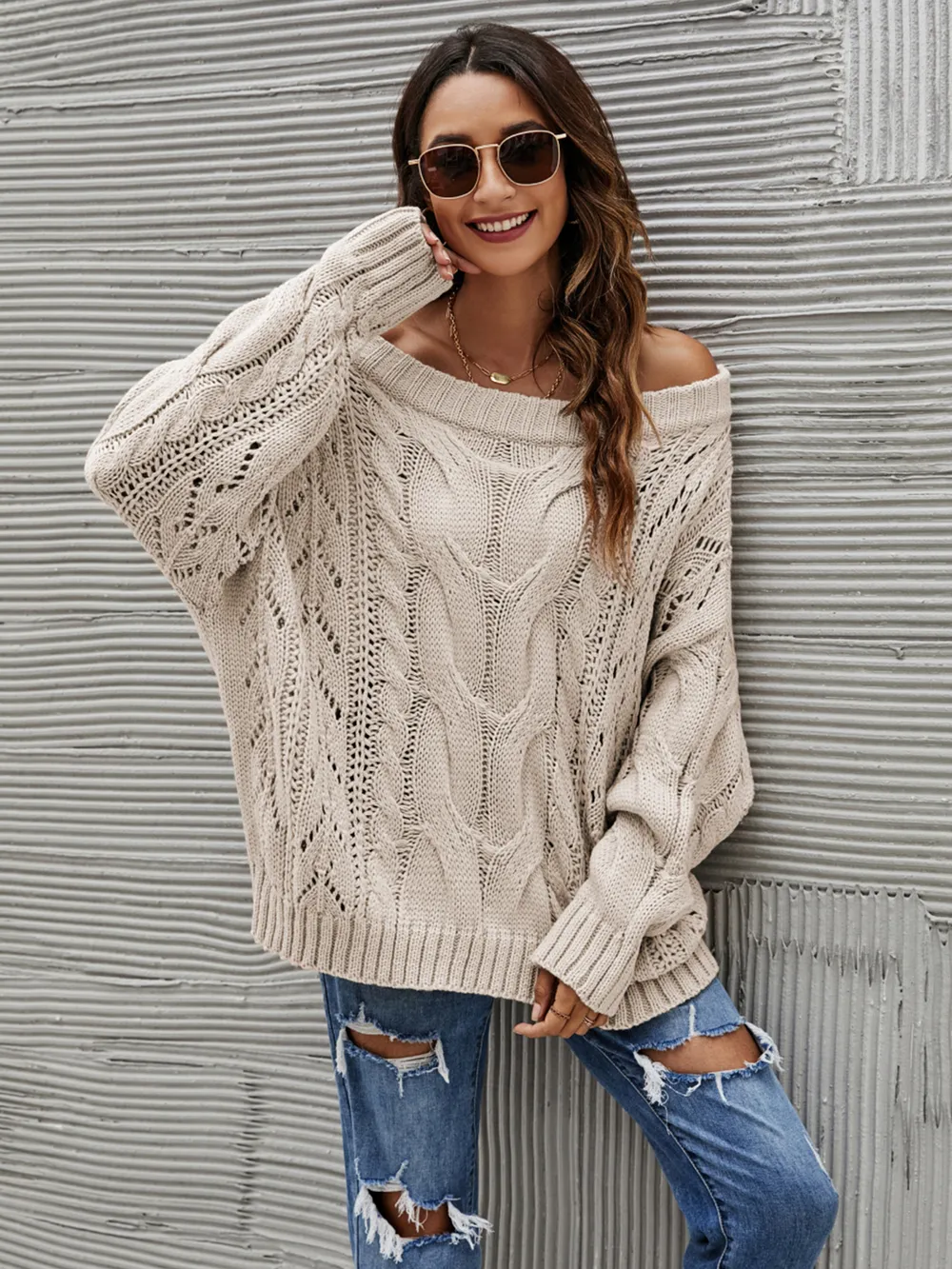 Cable Knit Openwork Off-Shoulder Sweater, image 5