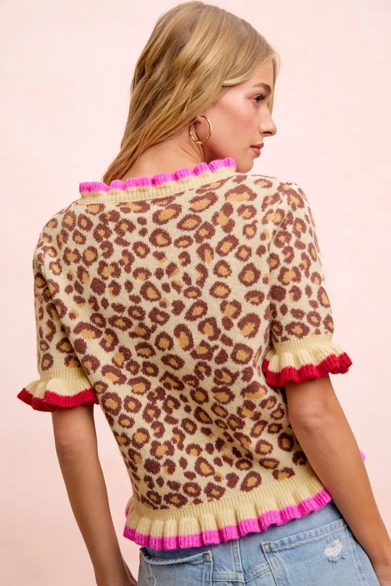 Leopard Patterned Ruffled Detail Button Cardigan, image 8