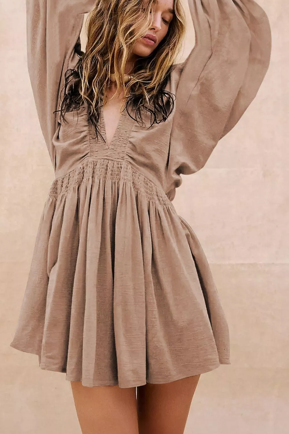 Smocked V-Neck Balloon Sleeve Dress, image 2
