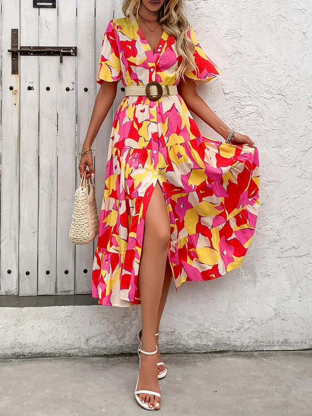 Printed V-Neck Flutter Sleeve Midi Dress, image 2