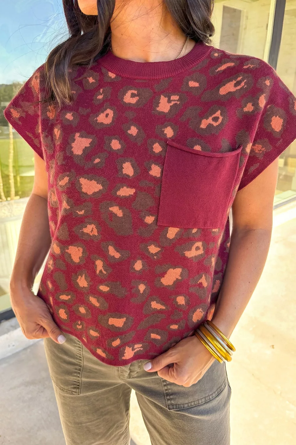 Leopard Print Cap Sleeve Knit Top