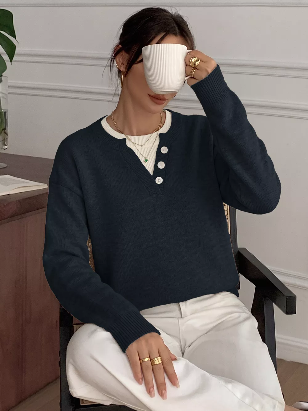 Dropped Shoulder Decorative Button Sweater, image 11