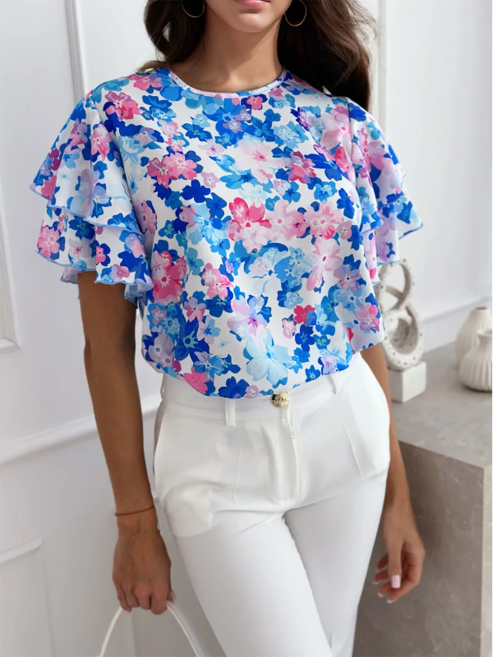 Floral Round Neck Flutter Sleeve Blouse, image 6