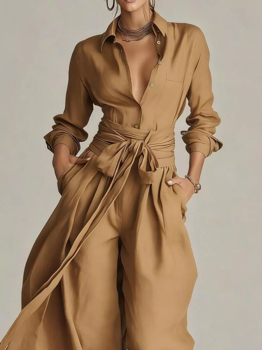 Long-Sleeve Button-Down Waist-Tie Jumpsuit, image 13