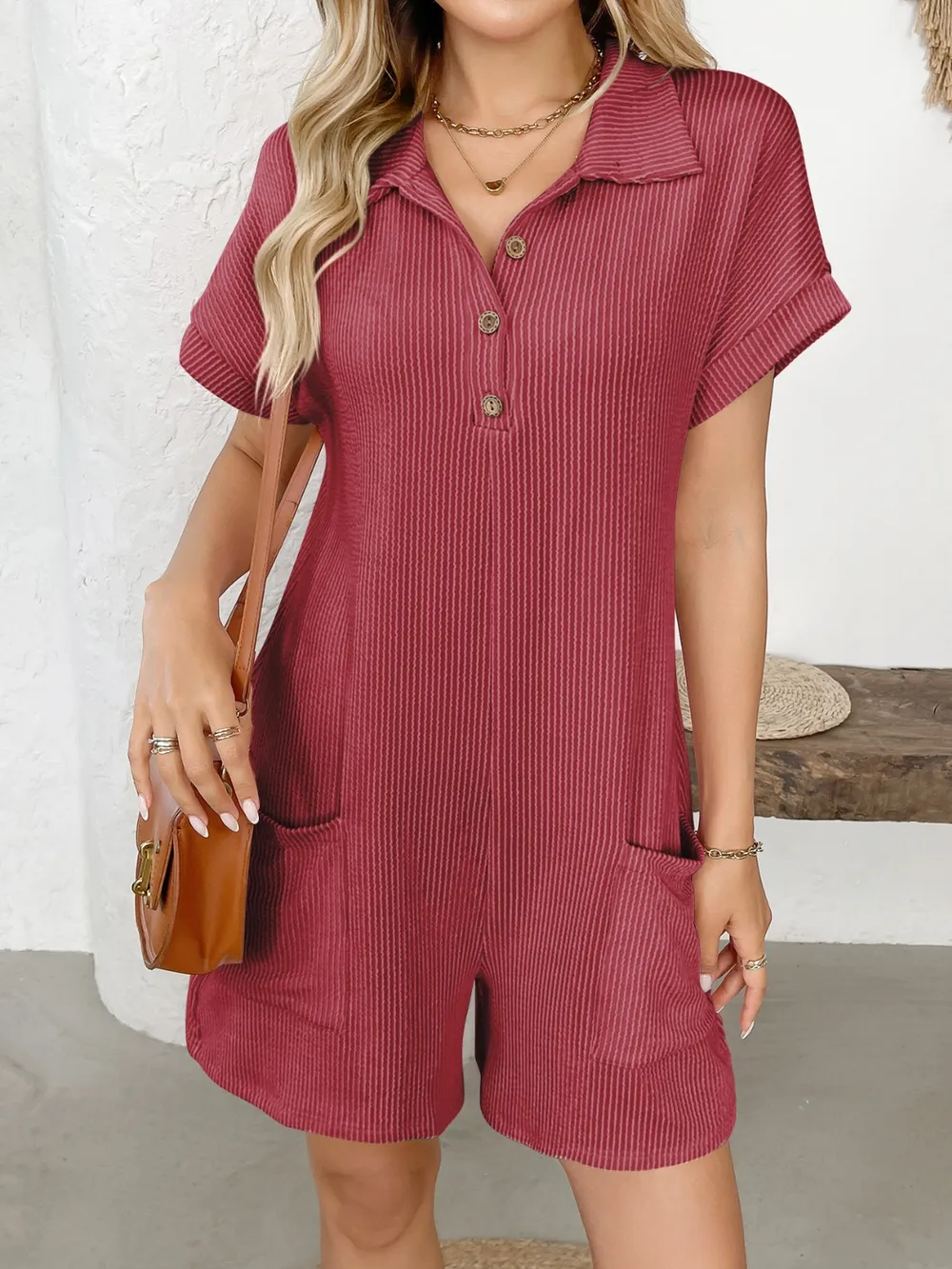 Button Detail Collared Neck Short Sleeve Romper, image 5