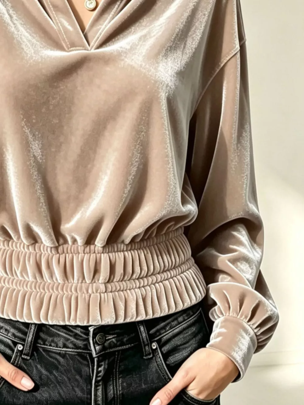 Velvet Johnny Collar Long Sleeve Blouse, image 4