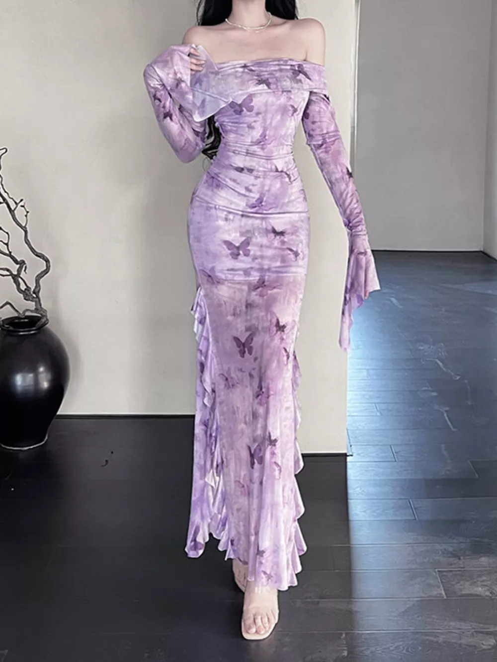 Butterfly Print Off-Shoulder Mesh Mermaid Dress, image 2