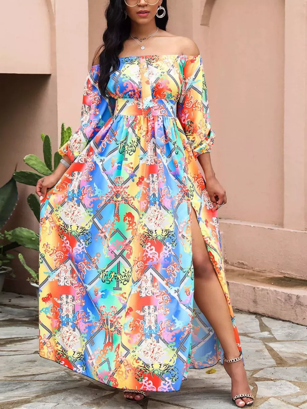 Slit Printed Off Shoulder Maxi Dress, image 7