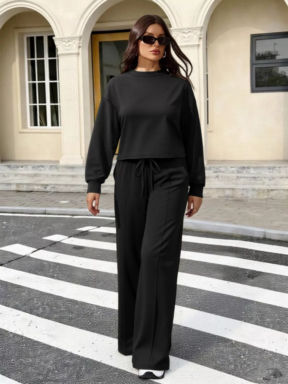 Solid Color Long Sleeve Top & Wide Leg Pants Set, image 3