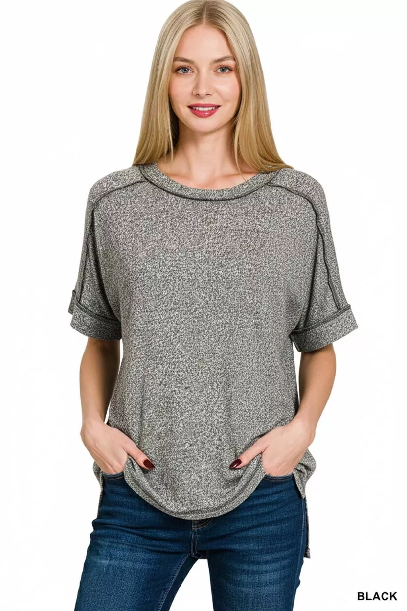 Full Size Soft Melange Hacci Short Sleeve Hi-low Tee Plus Size