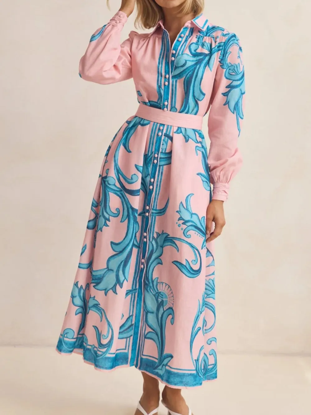 Printed Button Down Belted Shirt Dress, image 6
