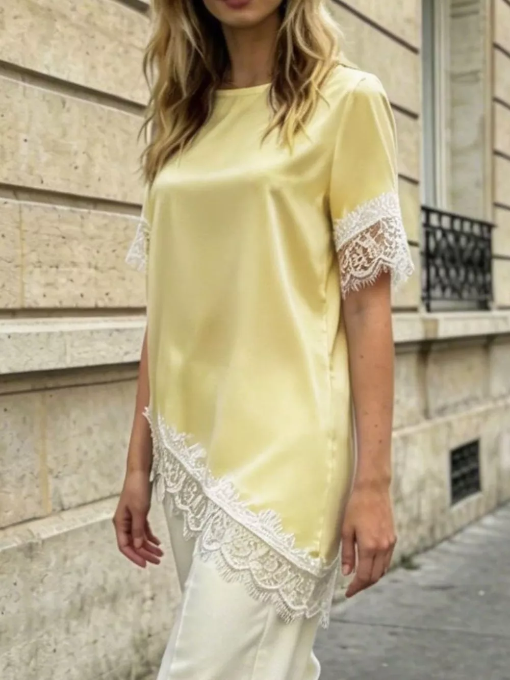 Lace Trim Short Sleeve Satin Top, image 7