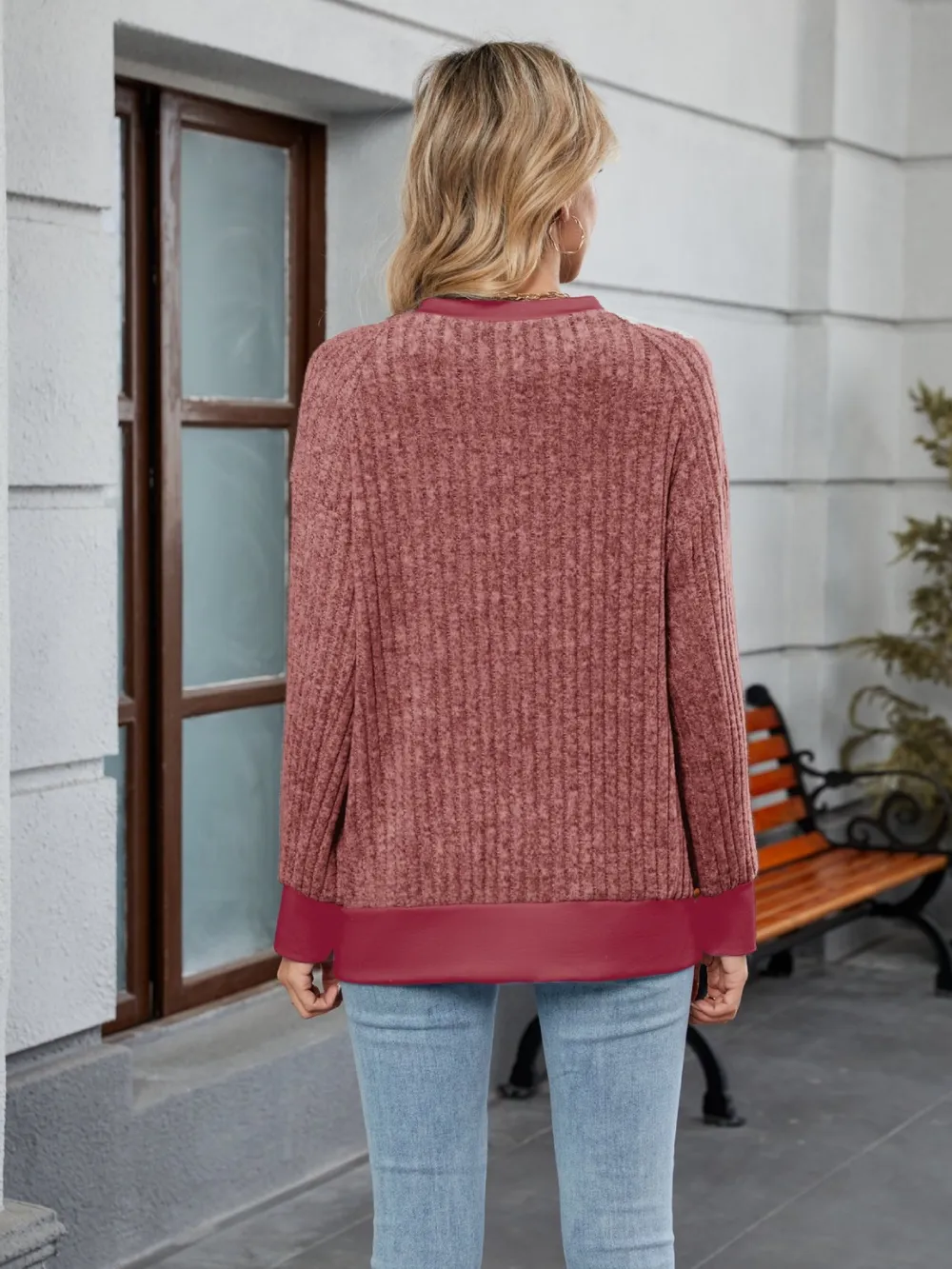 Contrast Trim Round Neck Long Sleeve T-Shirt, image 22