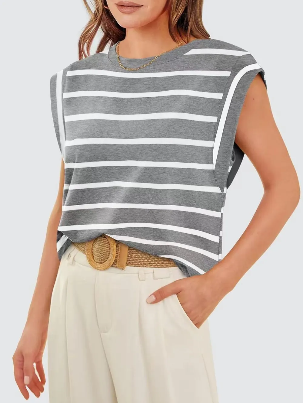 Striped Round Neck Cap Sleeve T-Shirt, image 5