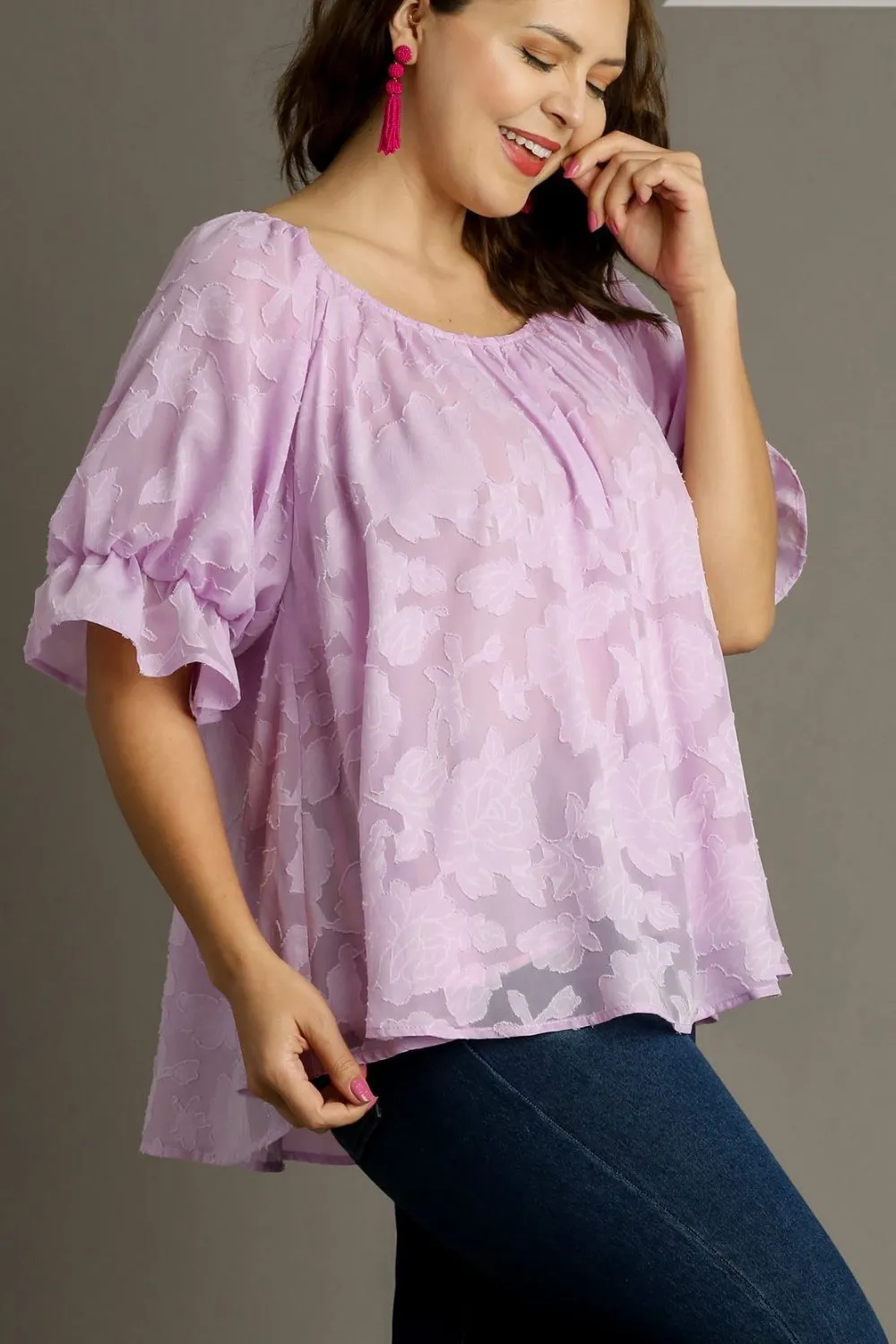 Full Size Jacquard Round Neck Ruffled Puff Sleeve Blouse Plus Size, image 3