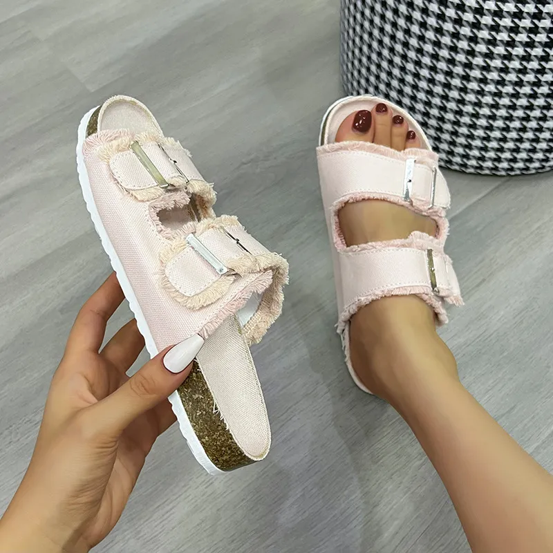 Raw Hem Open Toe Double Buckle Sandals, image 4