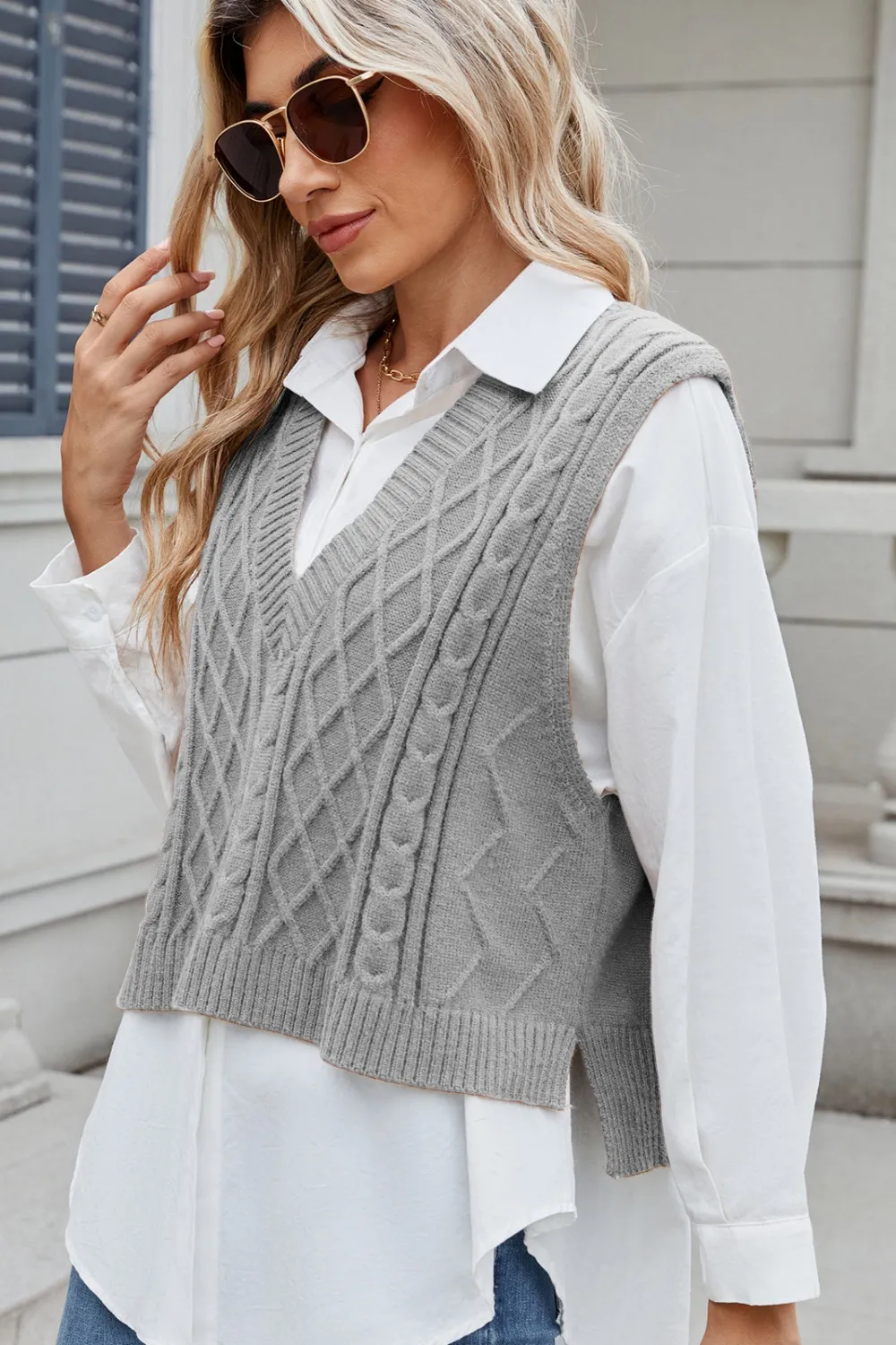 Cable-Knit V-Neck Sweater Vest, image 5