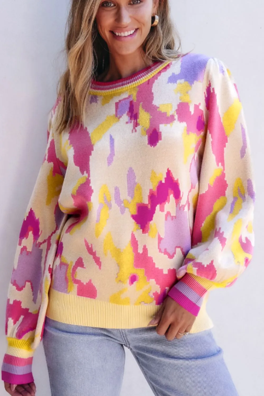 Contrast Round Neck Long Sleeve Sweater, image 3