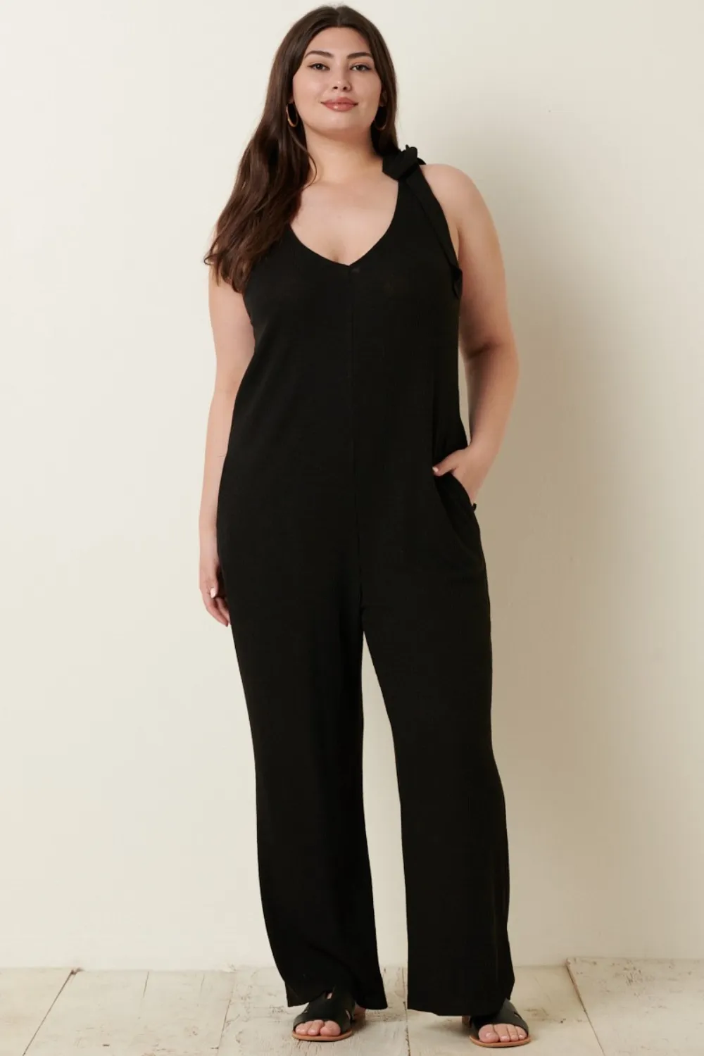 Rib Knit V-Neck Cross Back Jumpsuit, image 5