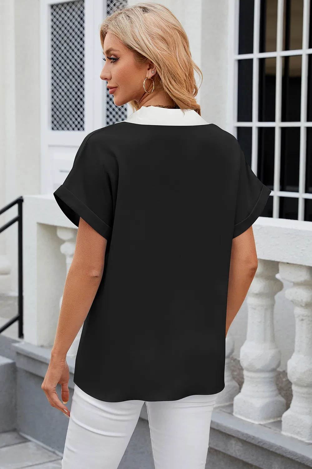 Contrast Johnny Collar Short Sleeve Blouse, image 2