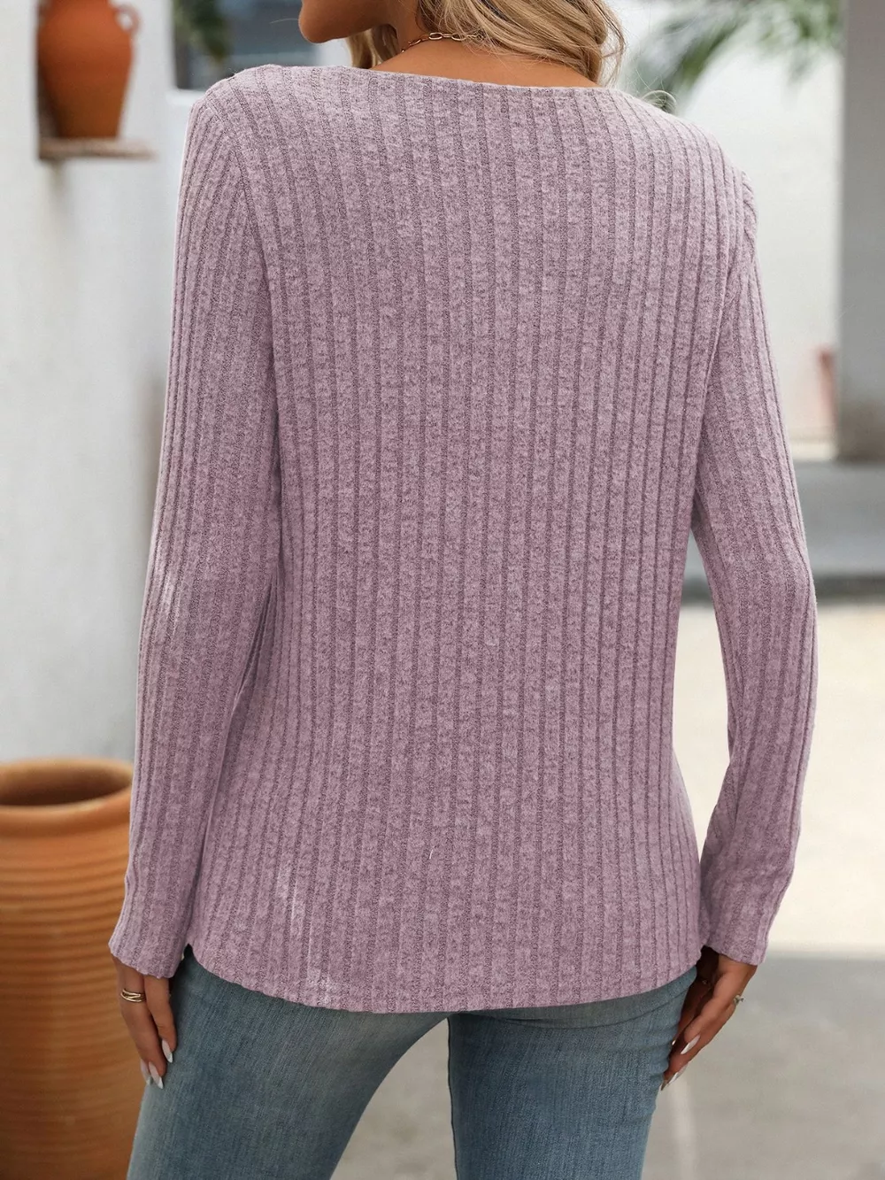 Ribbed Knit Long Sleeve Button Detail T-Shirt, image 6
