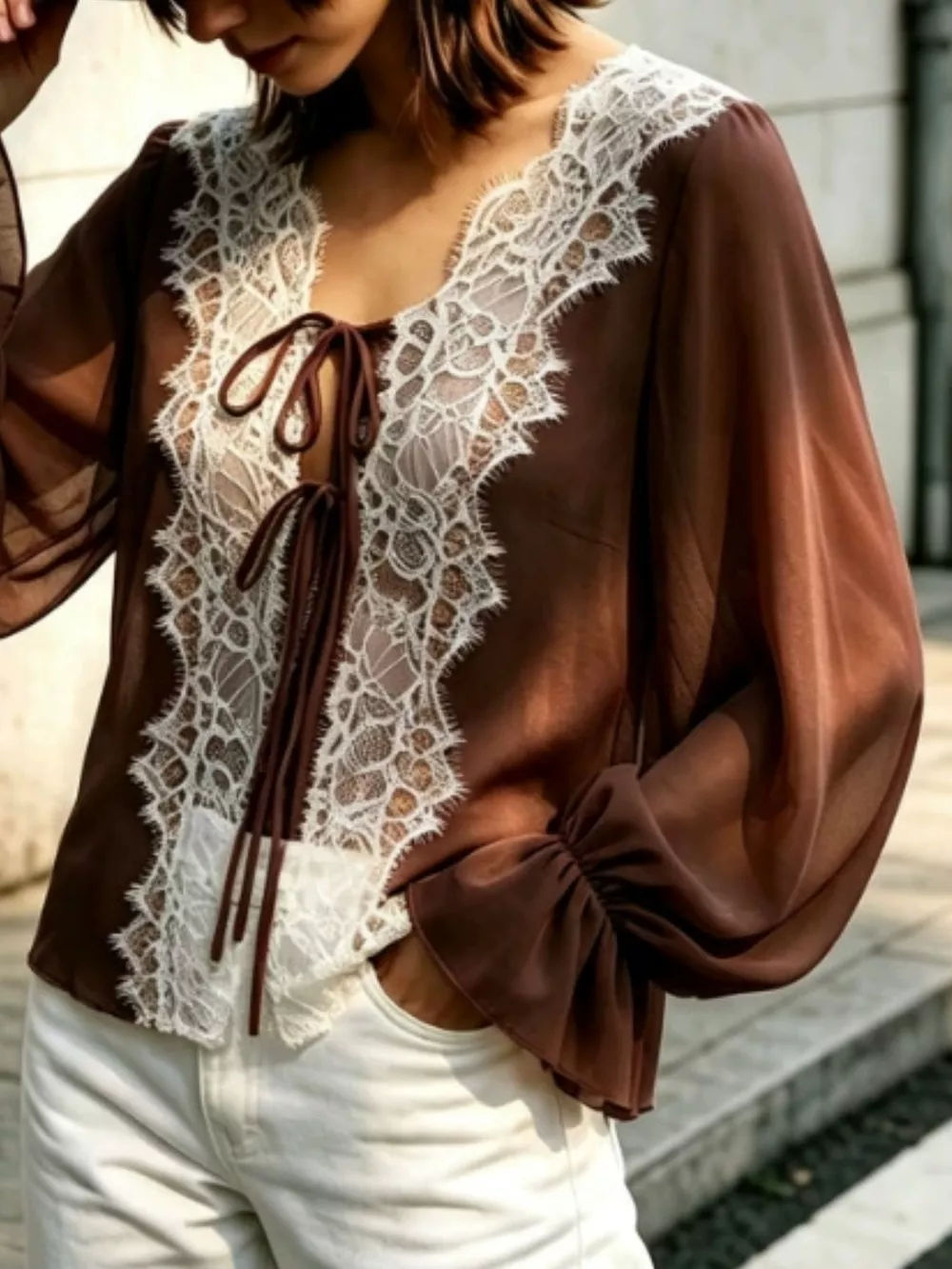 Sheer Lace-Trimmed Front Tie Blouse, image 8