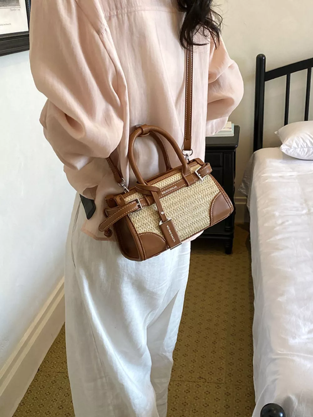 Leather Trim Woven Crossbody Bag, image 6