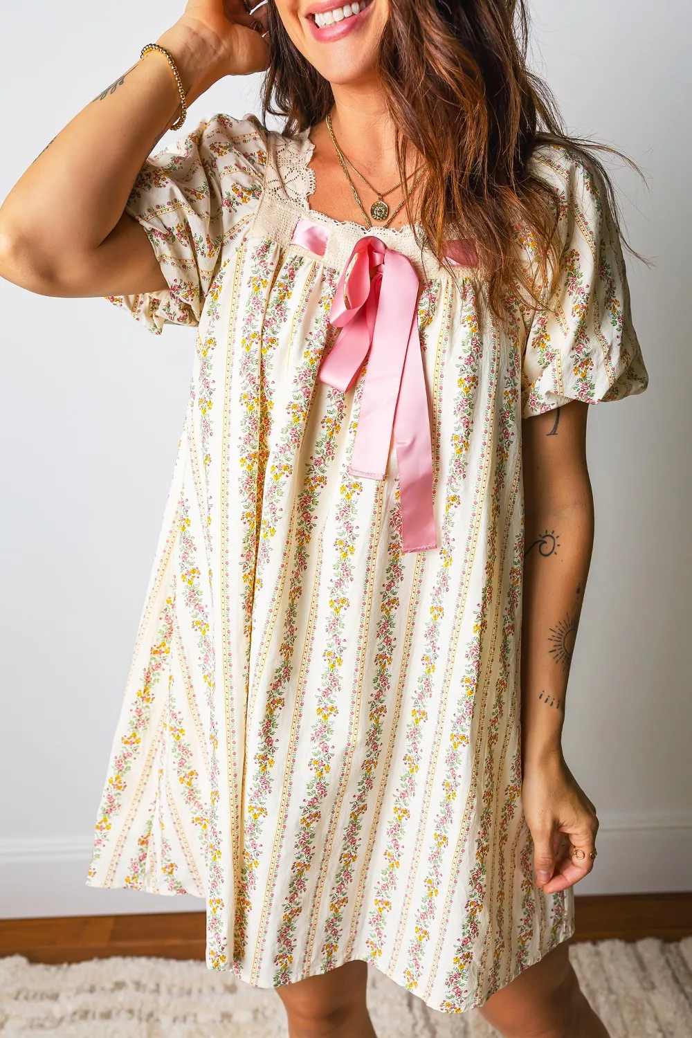 Multicolour Floral Print Contrast Ribbon Bow Lace Trim Square Neck Mini Dress, image 2