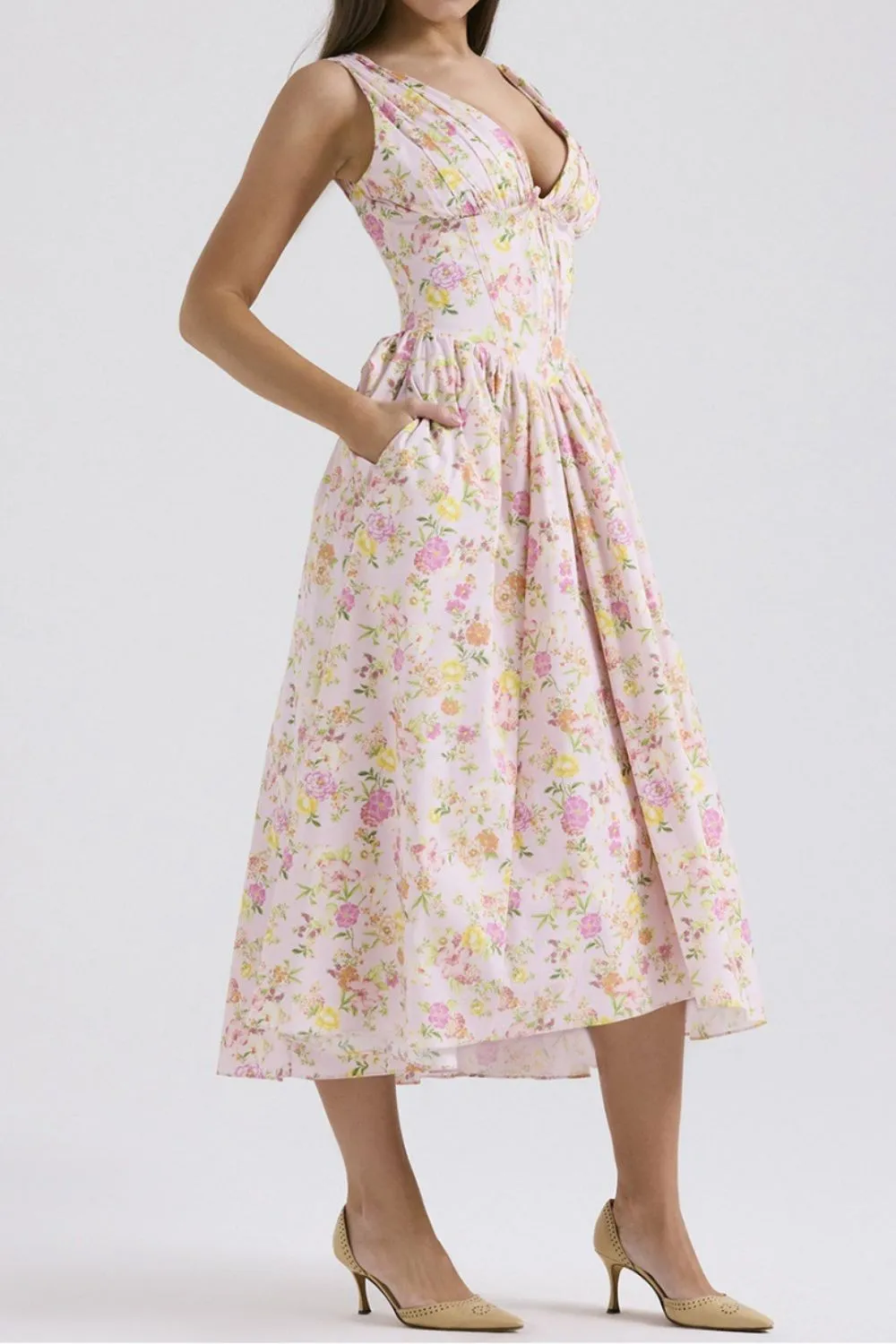 Floral V-Neck Sleeveless Midi Dress with Pockets, image 7