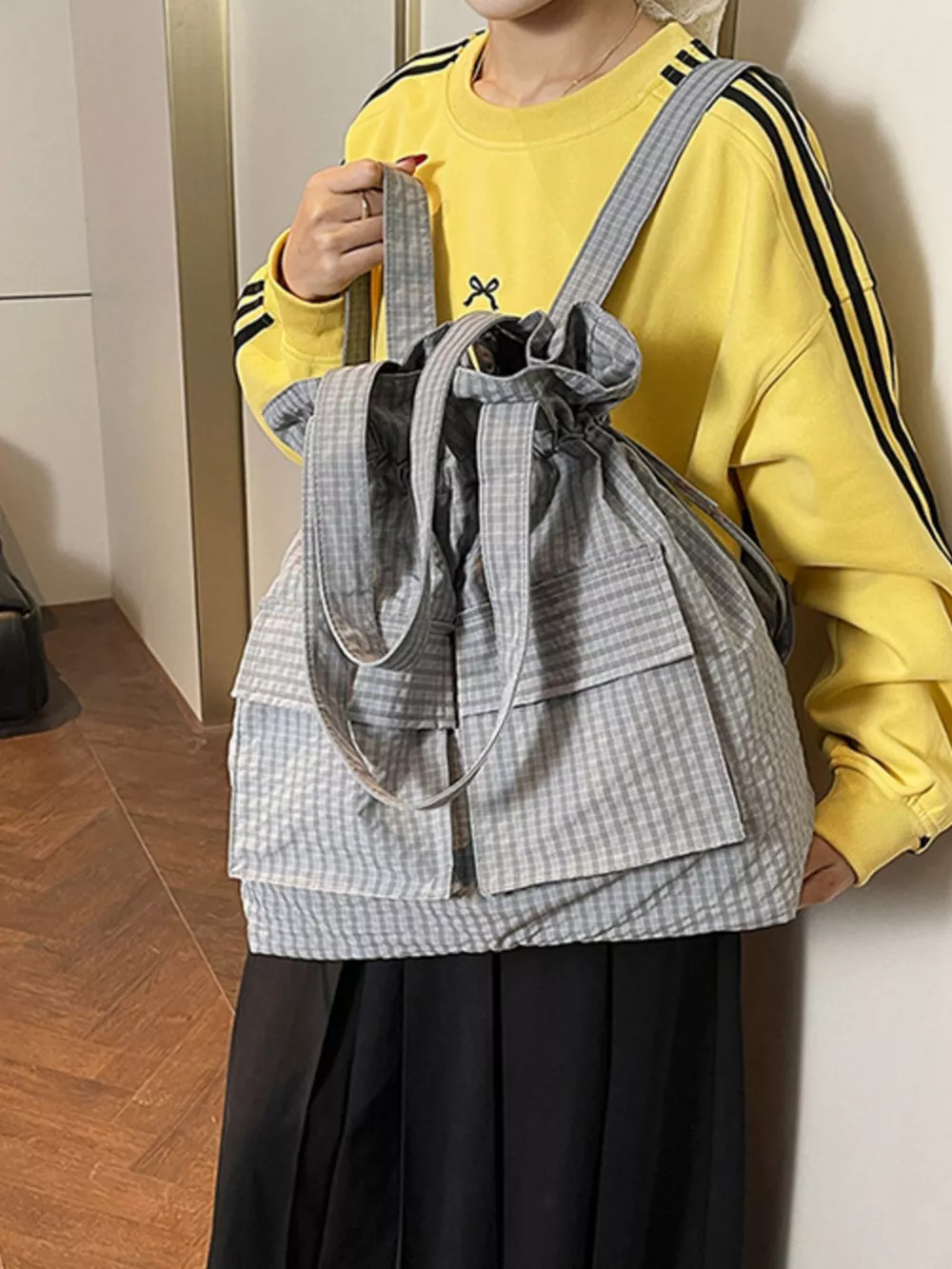 Convertible Plaid Drawstring Backpack Bag, image 6
