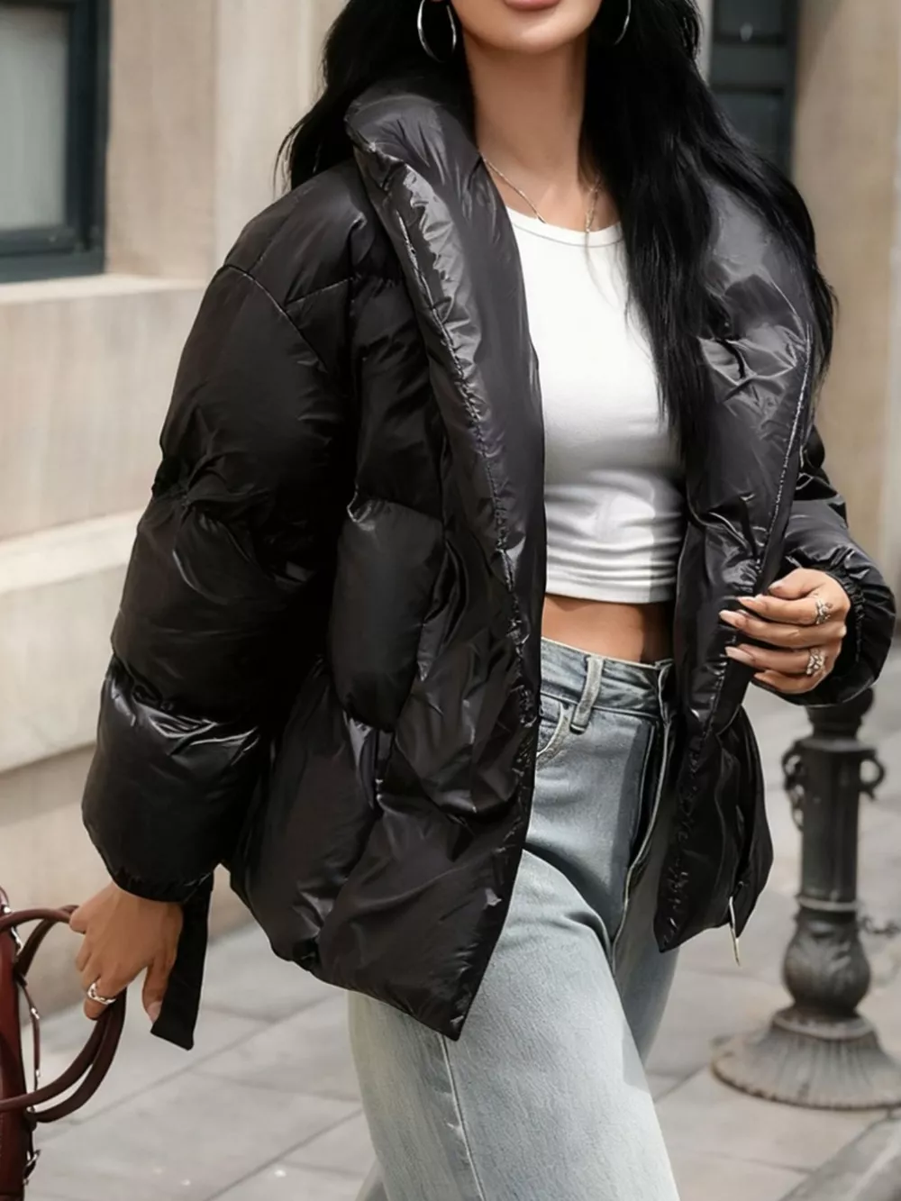 Long Sleeve Belted Puffer Jacket, image 4