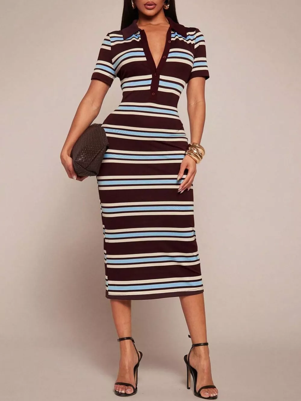 Striped Polo Collar Midi Dress, image 23