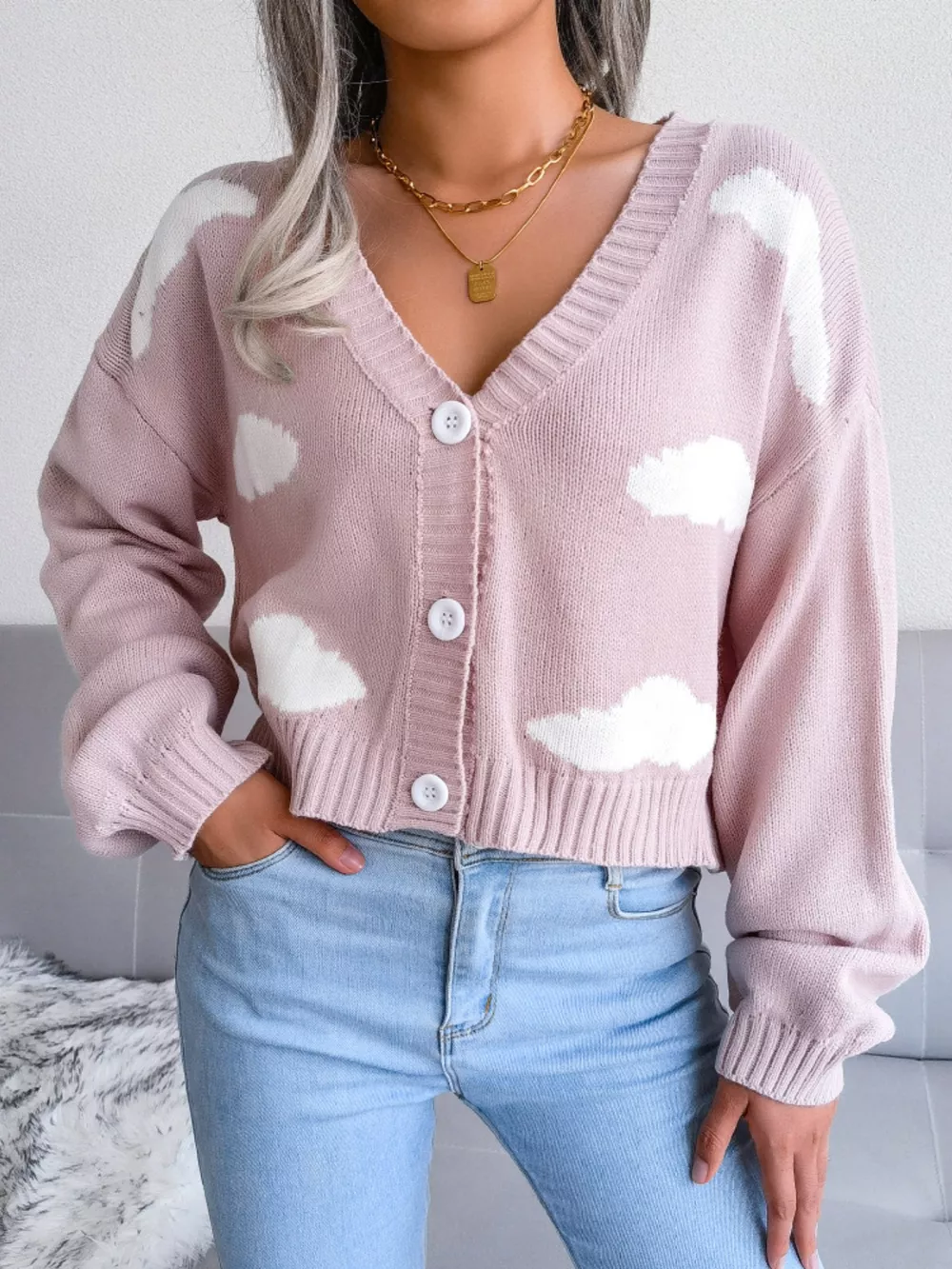 Cloud Pattern Button-Up Cropped Cardigan, image 12