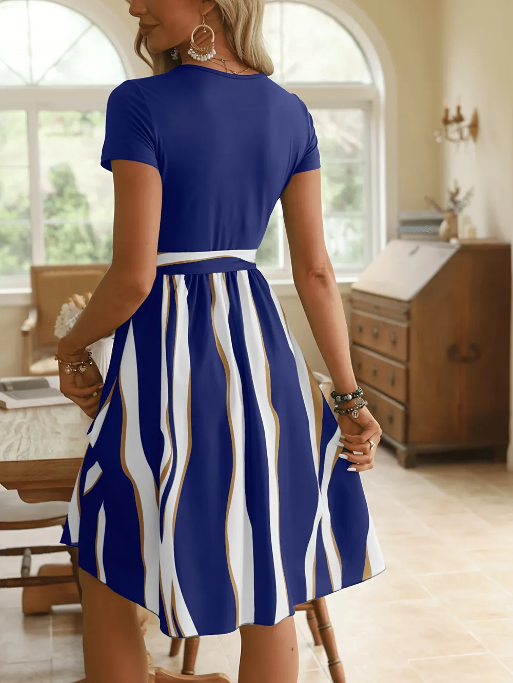 Striped Short Sleeve Tie Waist Dress, image 27