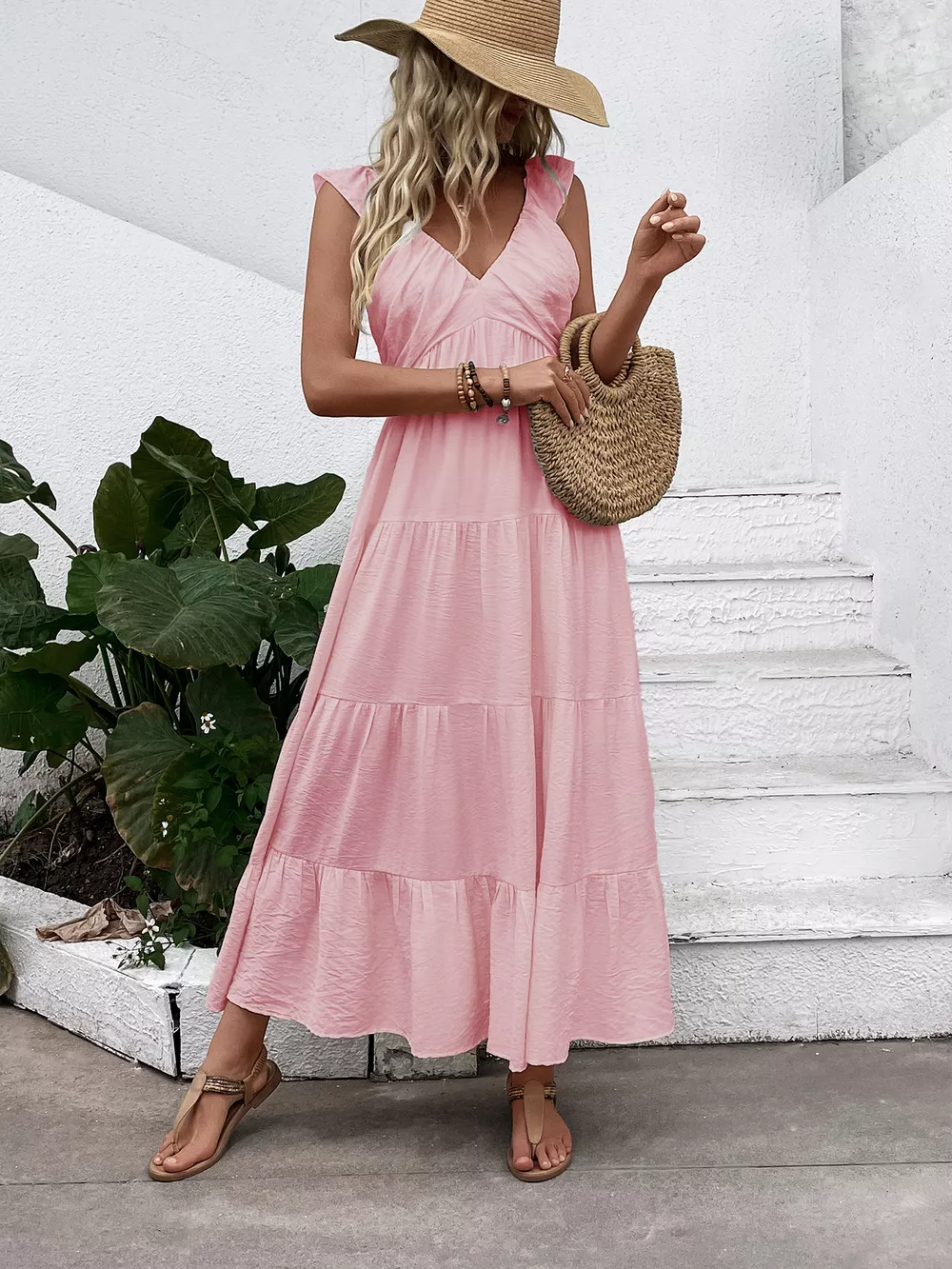 V-Neck Tiered Dress with Flutter Sleeves, image 10