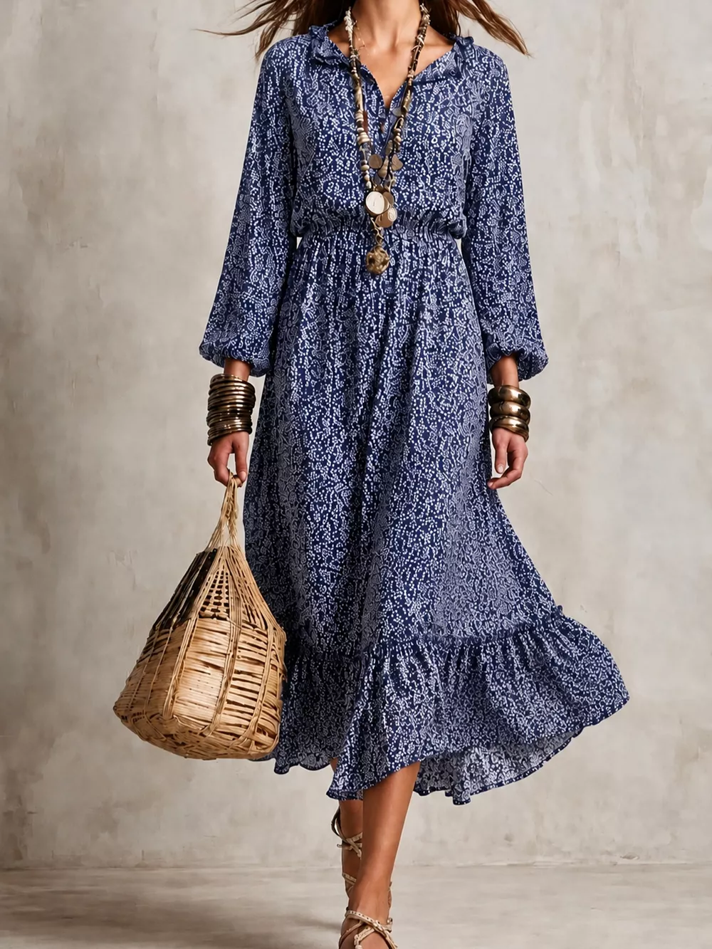 Floral Print Long-Sleeve Ruffle Hem Midi Dress, image 4
