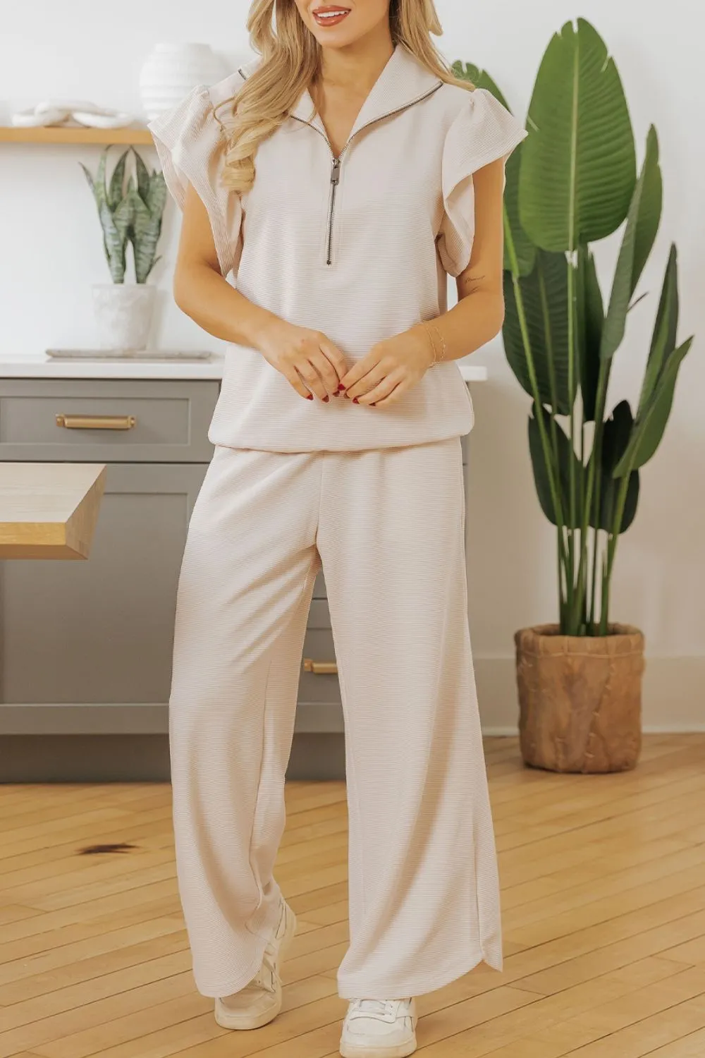 Textured Ruffled Sleeve Zipped Top and Wide Leg Pants Set, image 10