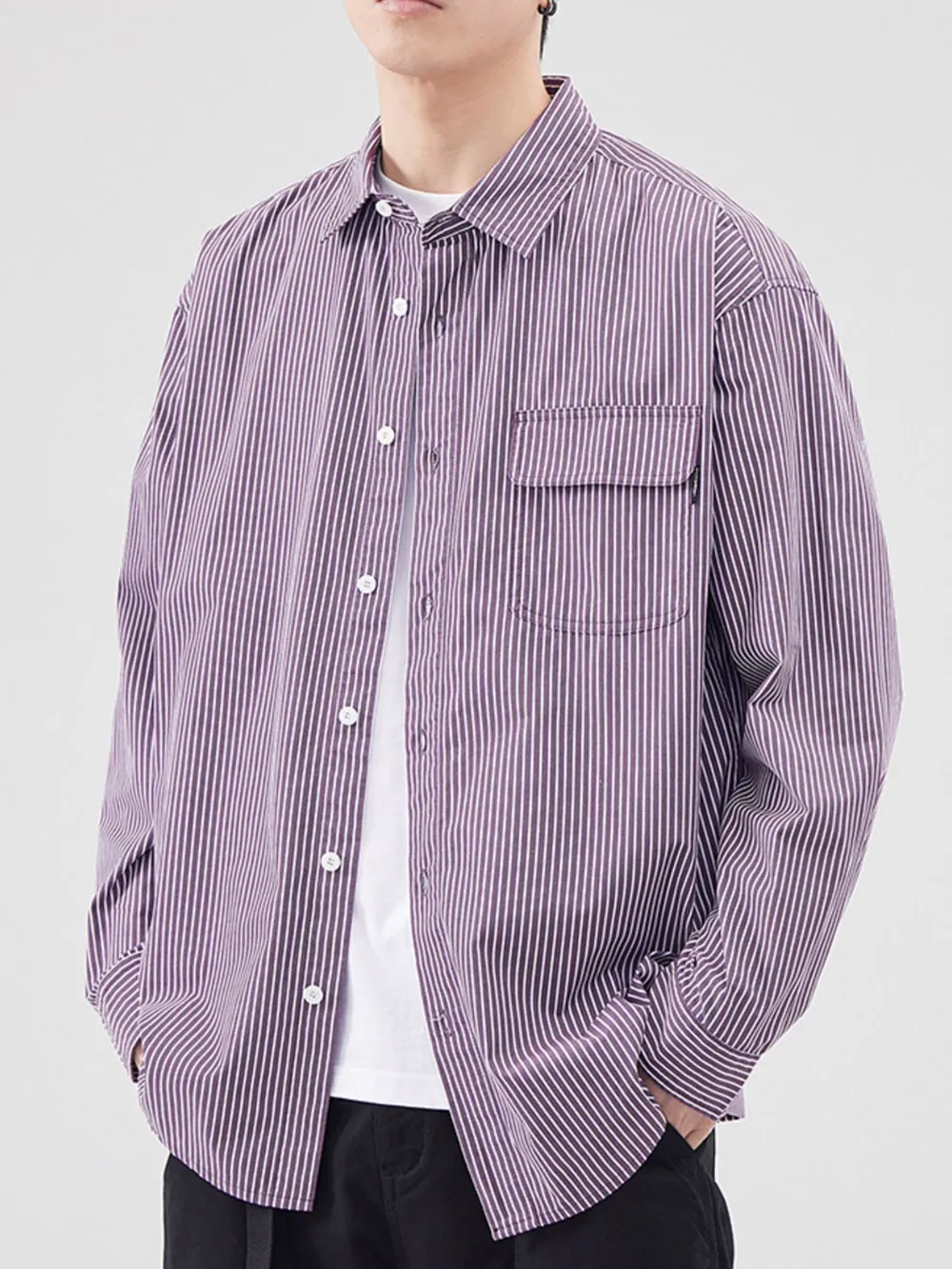 Men's Plus Size Striped Button Up Long Sleeve Shirt, image 3