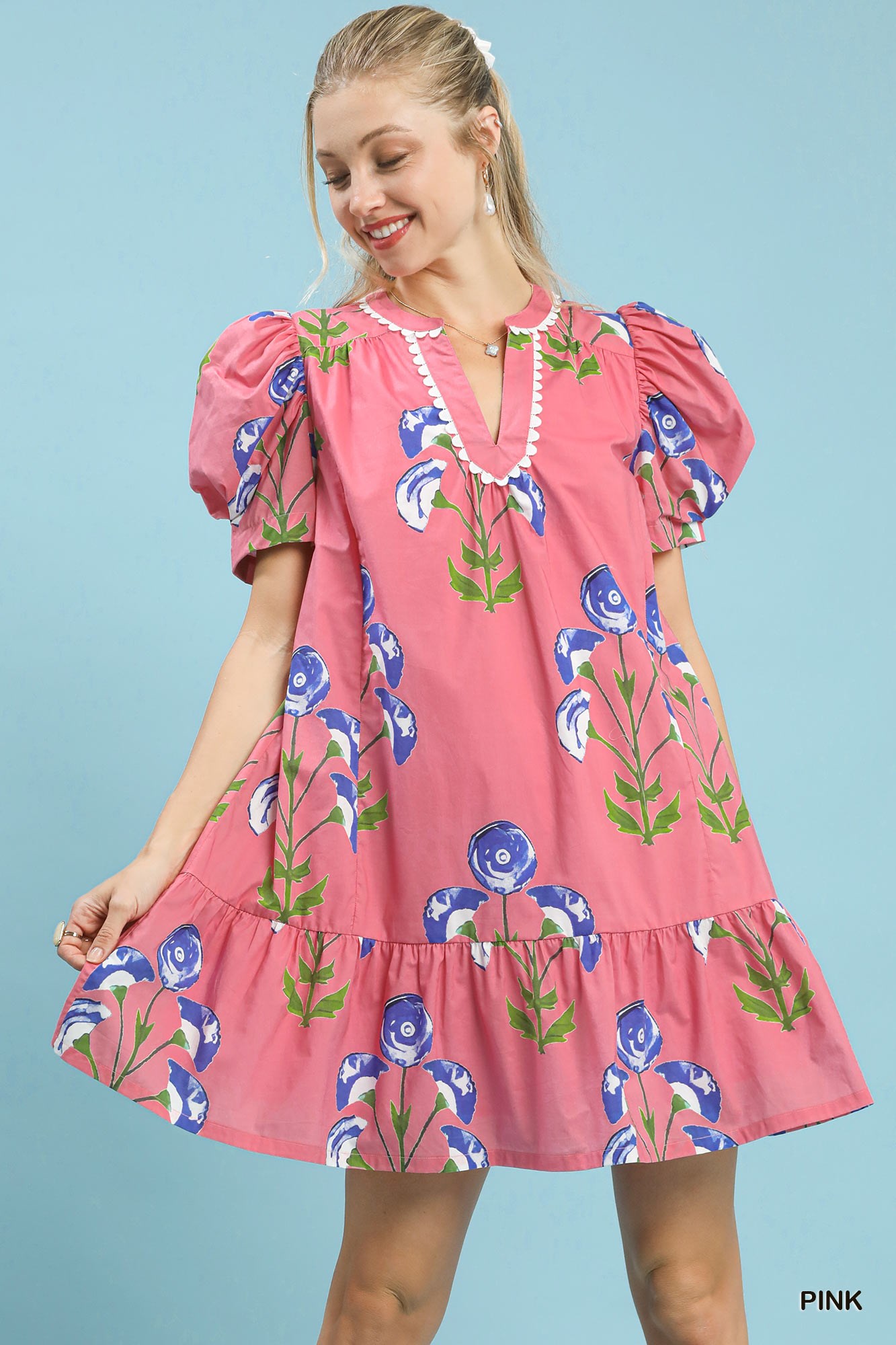 Floral Print Puff Sleeve Mini Dress with Scallop Trim