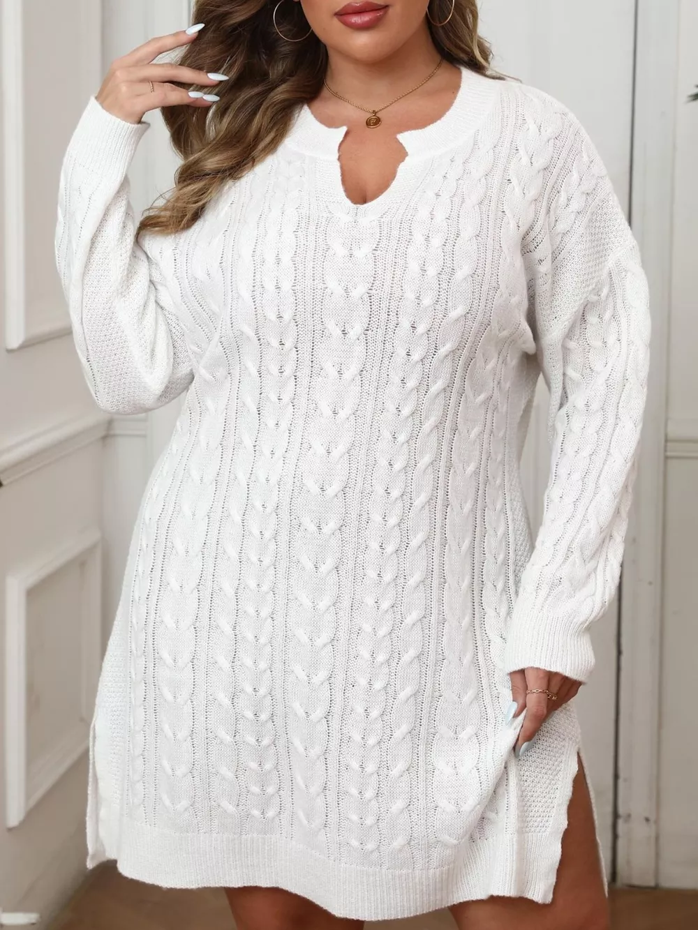 Plus Size Cable Knit Long Sleeve Sweater Dress, image 11