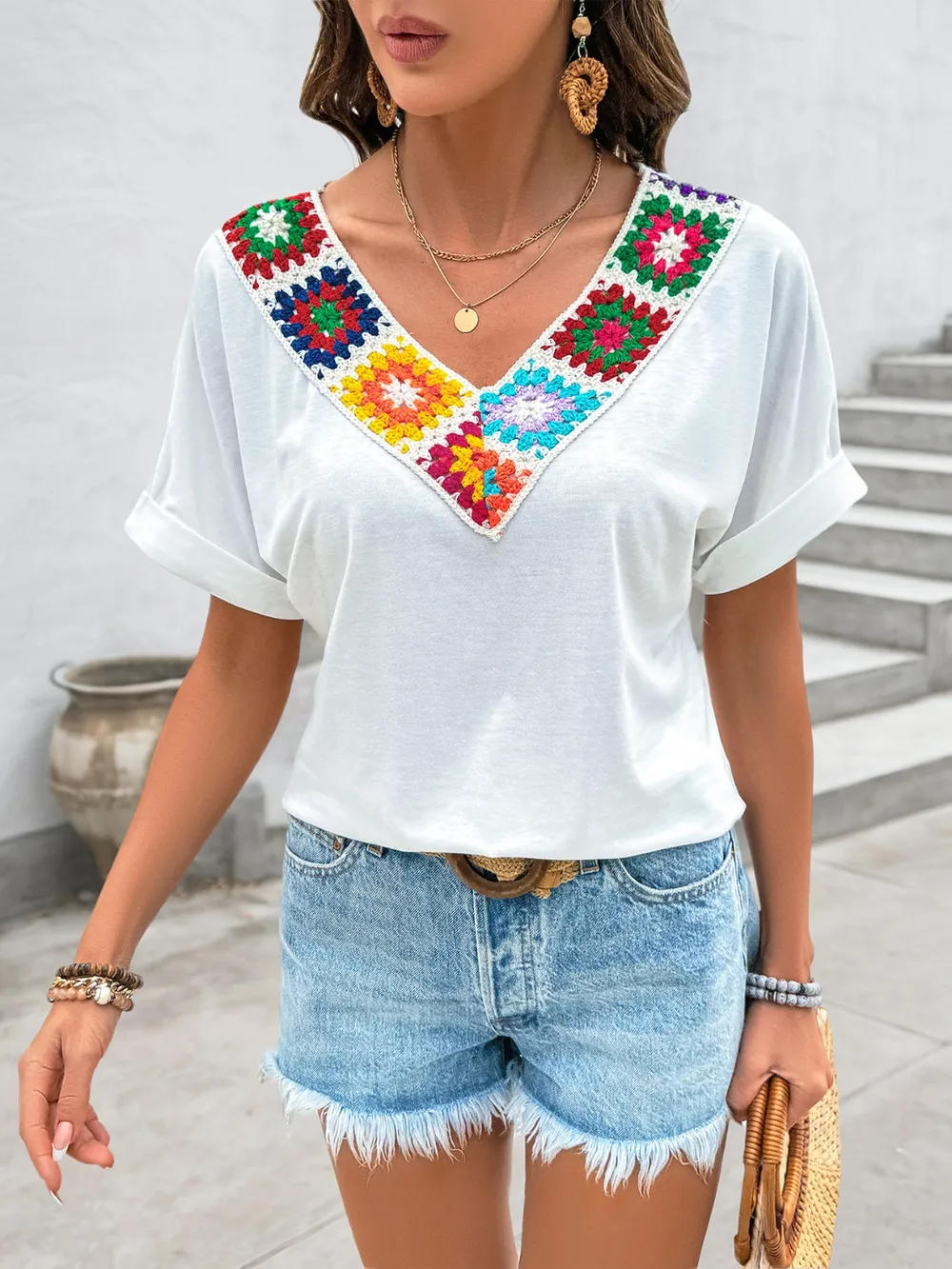 Contrast V-Neck Short Sleeve Top, image 4