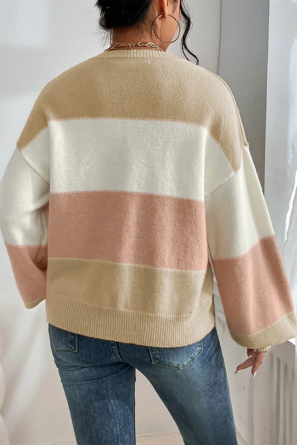 Color Block Round Neck Lantern Sleeve Sweater, image 2