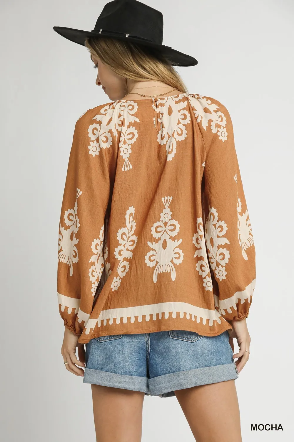 Full Size Two Tone Border Print Top with Balloon Sleeves Plus Size, image 2